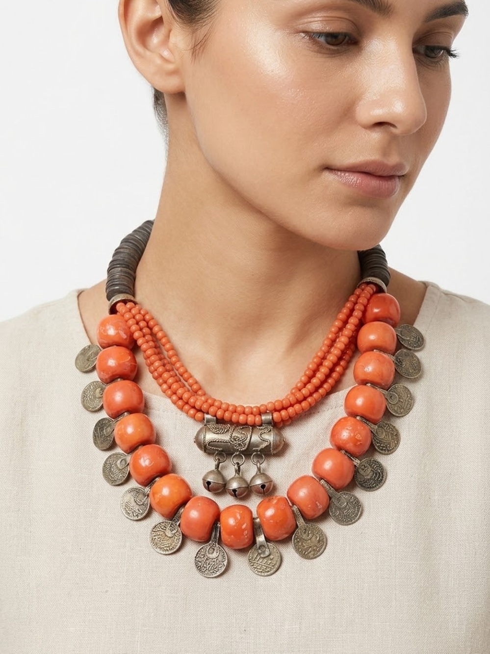 Sandra Webster Coral Statement Beaded Necklace with Coin Charms